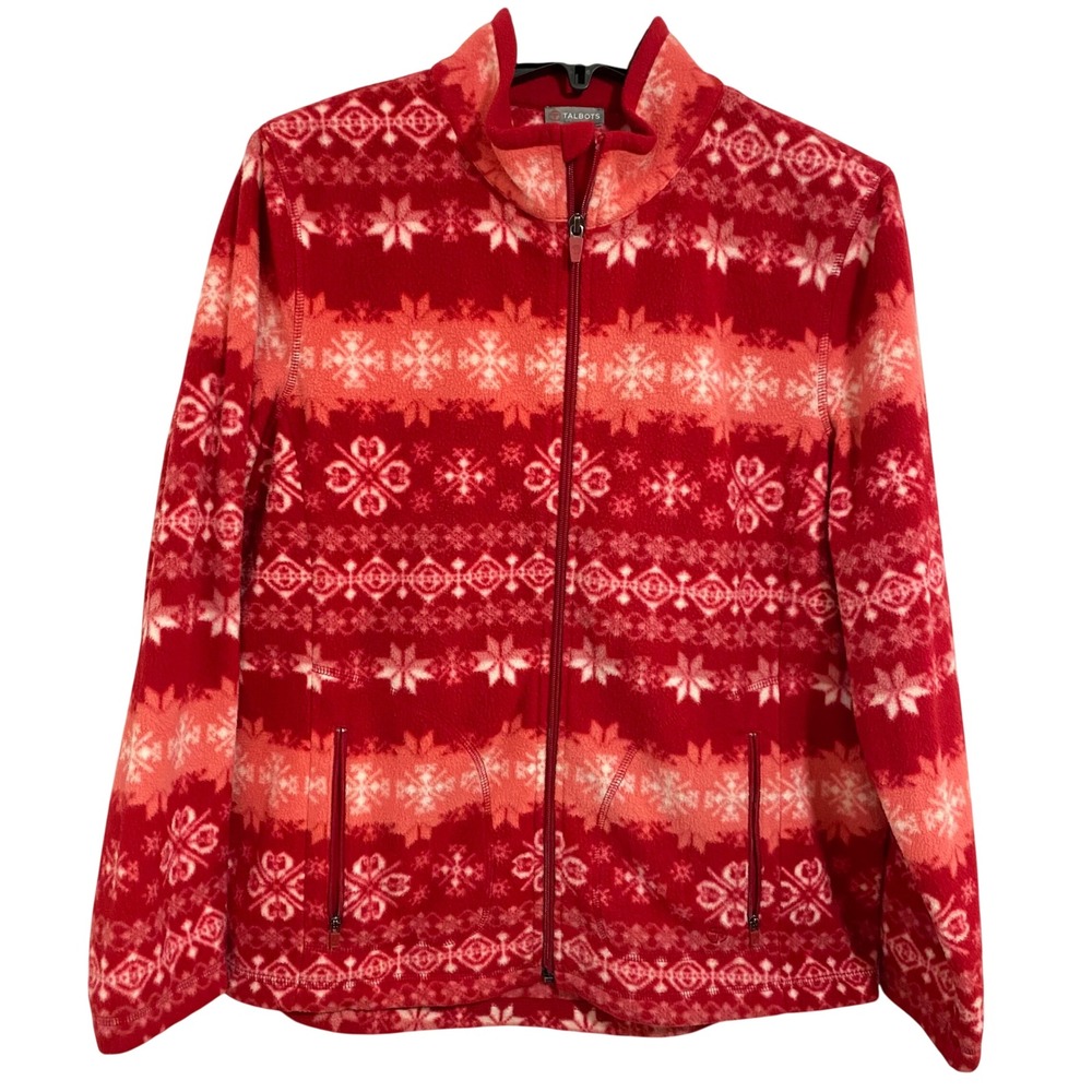 Talbots Fleece Jacket Womens L Red Fair Isle Snowflake Full Zip Mock Neck - Picture 2 of 7